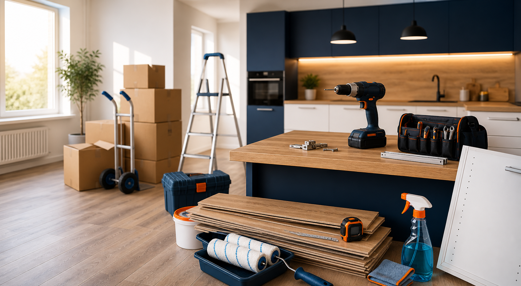 Moderne Wohnung mit Küche, Werkzeug, Umzugskartons, Bodenmaterial und Reinigungszubehör