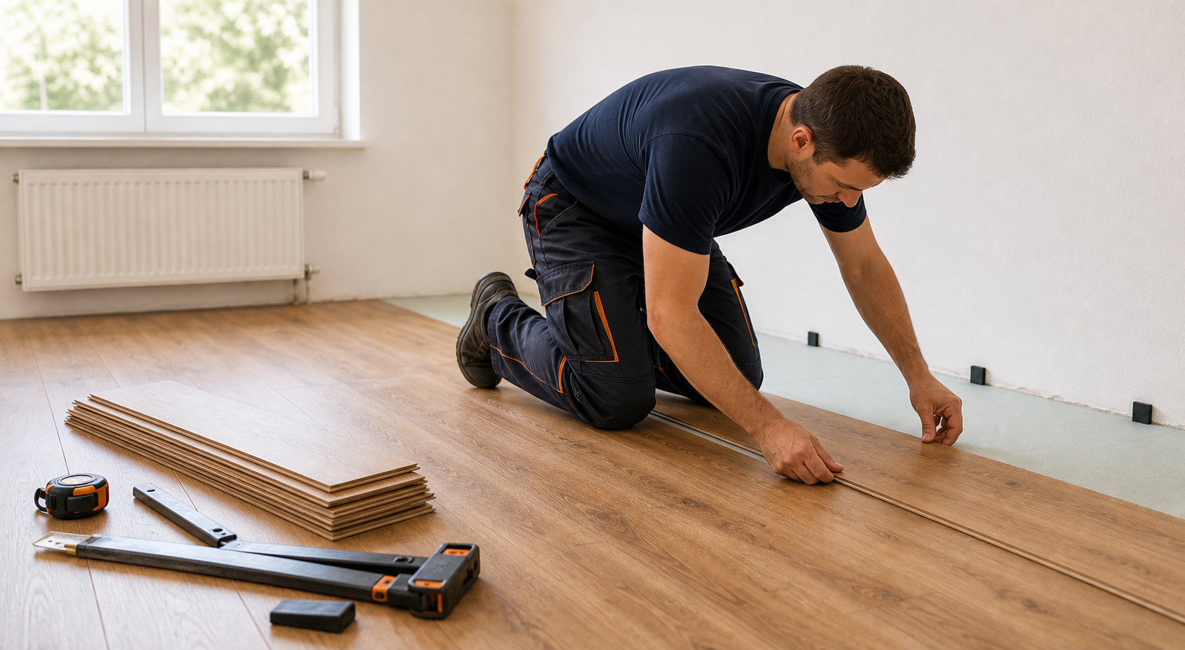 Handwerker verlegen Laminat oder Parkett