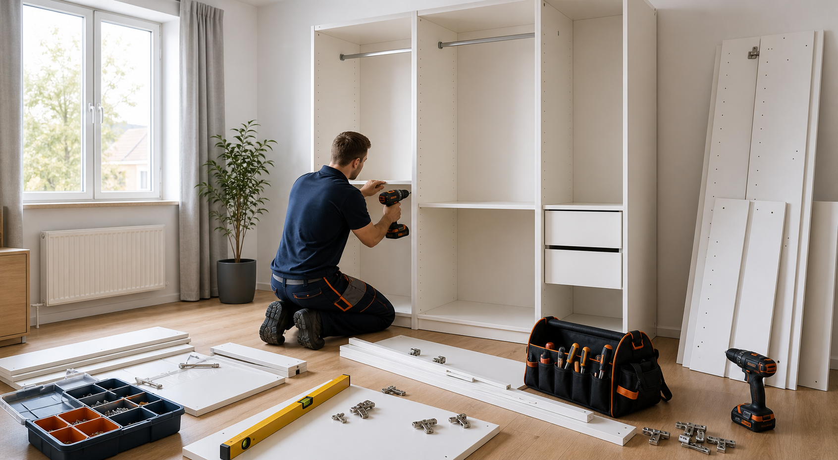 Handwerker montiert Möbel und Schrankteile